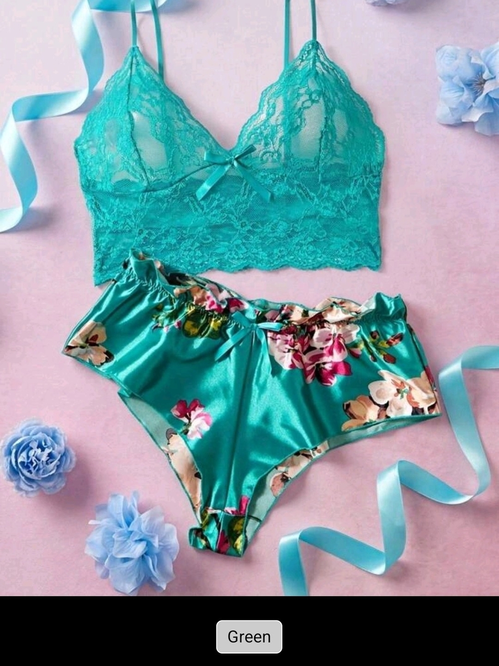 SHEIN Teal Lace Bralette & Floral Satin Shorts Set